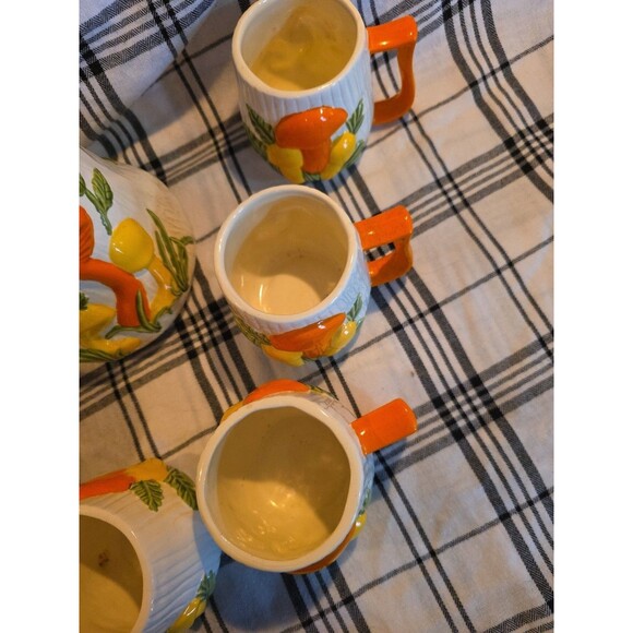 Vintage Ceramic Coffee Server Set Mushroom Motif‎ Teapot 6 Mugs Arnels - Picture 5 of 13